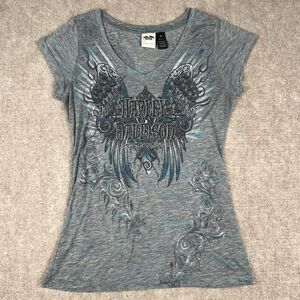 Harley Davidson Shirt Womens Med Blue Green Bling Graphic Angel Wings Ride Free